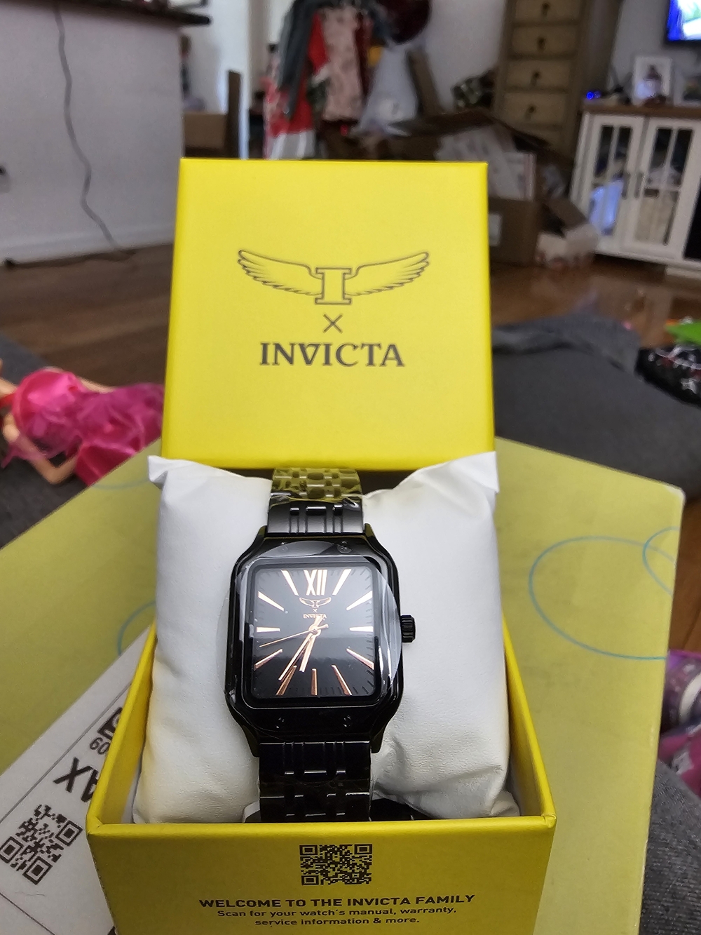 Invicta Men’s Black Stainless Steel Square Watch with Rose Gold Accents